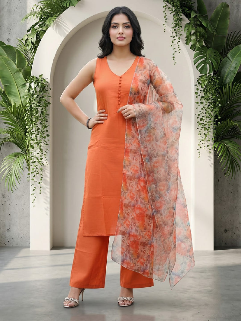 Sleeveless Orange Kurta with Floral Dupatta and Pants