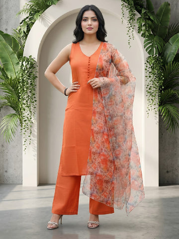 Sleeveless Orange Kurta with Floral Dupatta and  Pants