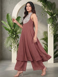 Varanga Women Nude Yoke Embroidered Sleeveless Flared Kurta With Trousers.