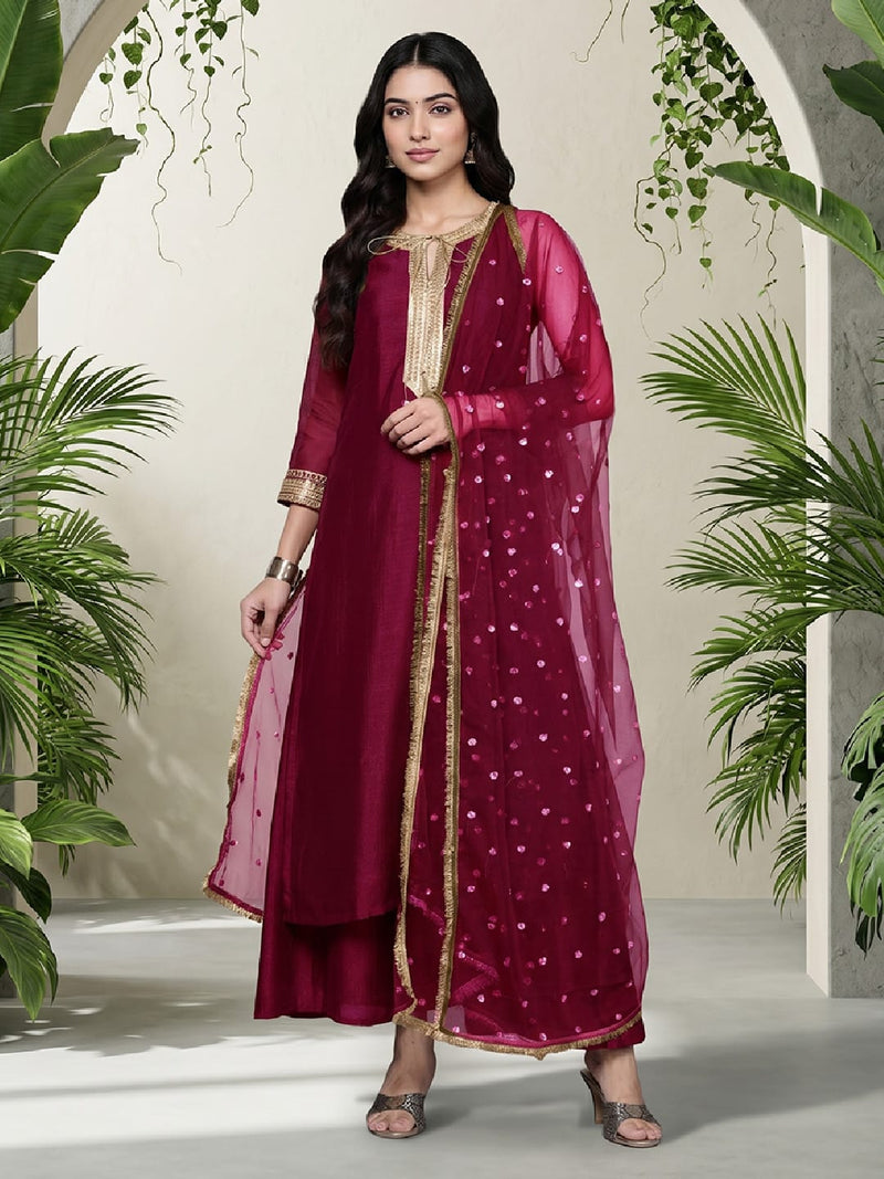 Varanga Women Fuchsia Lace Embellished Sleeveless Straight Kurta Paired With Tonal Plazzo And Dupatta