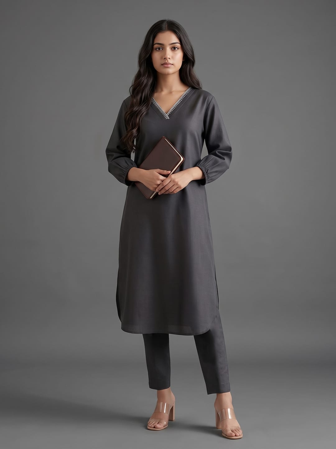 Women Straight Kurta With Embroidery On Neck Paired With Solid Trousers