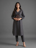 Women Straight Kurta With Embroidery On Neck Paired With Solid Trousers