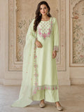 Pista Green Embroidered Chanderi Kurta Set With Organza Dupatta