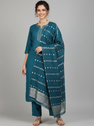 Varanga Women Thread detailed yoke Kurta and Trouser with Dupata