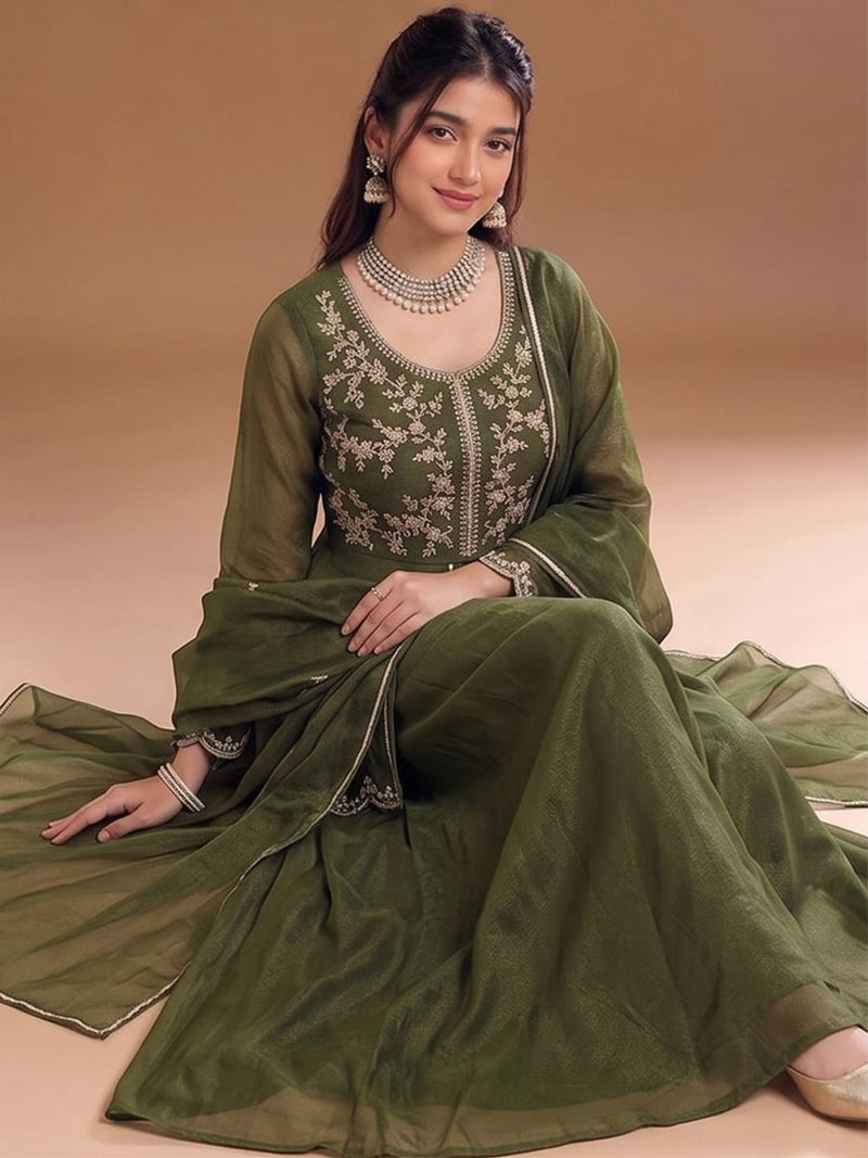 Varanga Green Embroidered Palazzos With Dupatta | Poly Georgette | Festive