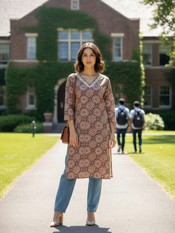 Varanga Traditional Jal Pattern Brown Kurta for Women