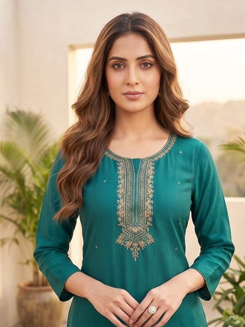 Purple 3-Piece Set With A Beadwork Yoke Kurta, Solid Trousers And Dupatta