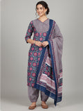 Varanga Women Ethnic Floral Printed V Neck Kurta With Stripper Trouser & Dupatta