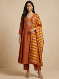 Rust Orange Embroidered Kurta Set With Metallic Striped Dupatta