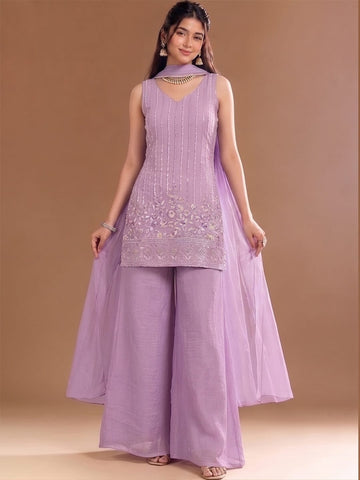 Varanga Lavender Embroidered Kurta With Dupatta | Chanderi Cotton | Casual