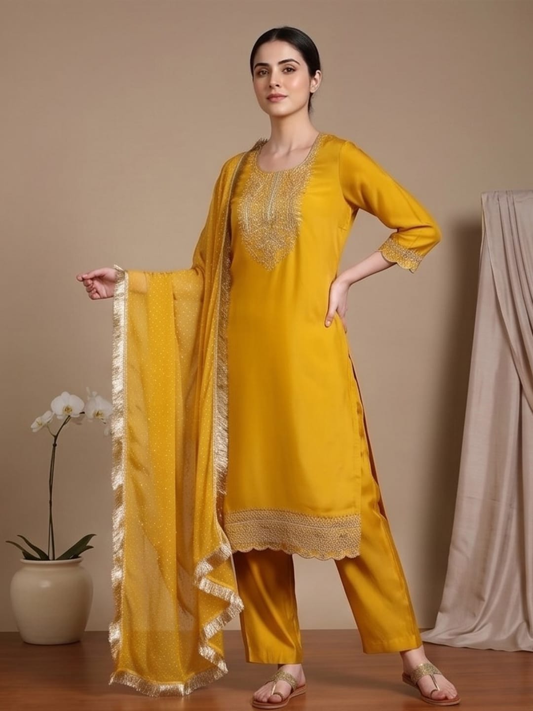 zari embroidered yoke Kurta With trouser and Dupatta