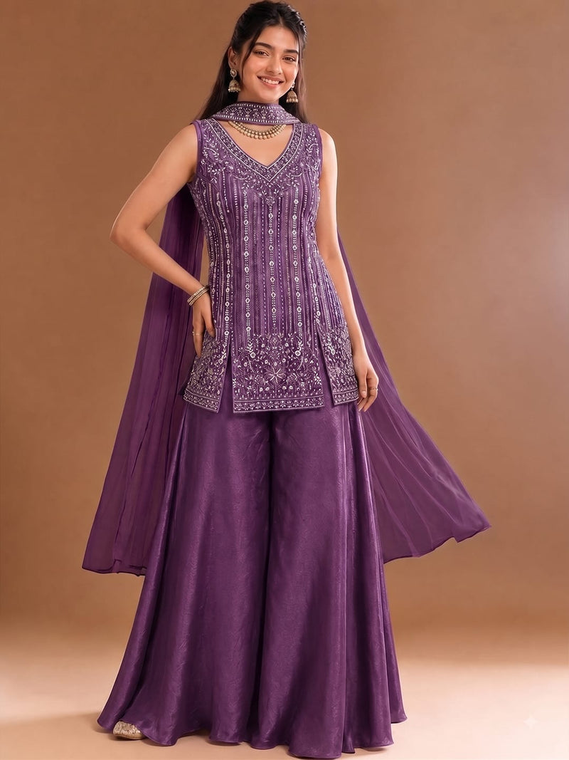 Purple Embroidered Kurta Set Featuring Zari And Sequin Work With A Matching Flared Palazzo And Embellished Dupatta