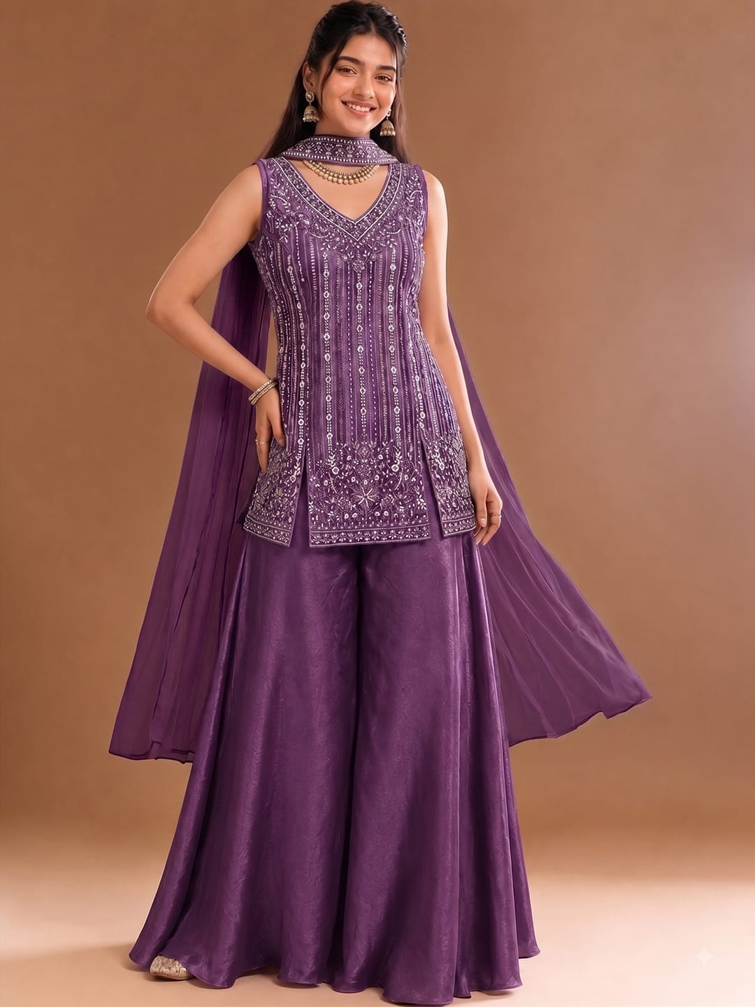 Purple Embroidered Kurta Set Featuring Zari And Sequin Work With A Matching Flared Palazzo And Embellished Dupatta