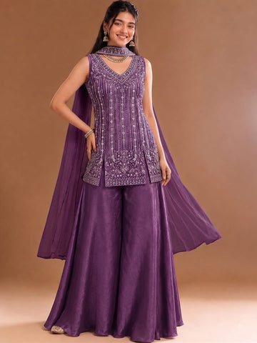 Purple Embroidered Kurta Set Featuring Zari And Sequin Work With A Matching Flared Palazzo And Embellished Dupatta