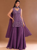 Purple Embroidered Kurta Set Featuring Zari And Sequin Work With A Matching Flared Palazzo And Embellished Dupatta