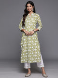 Varanga women Green And White Floral Printed Gota Embellished Straight Kurta