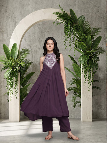 Varanga Women Purple Embroidered Sleeveless Flared Kurta Paired With Tonal Bottom