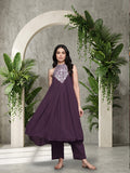Varanga Women Purple Embroidered Sleeveless Flared Kurta Paired With Tonal Bottom