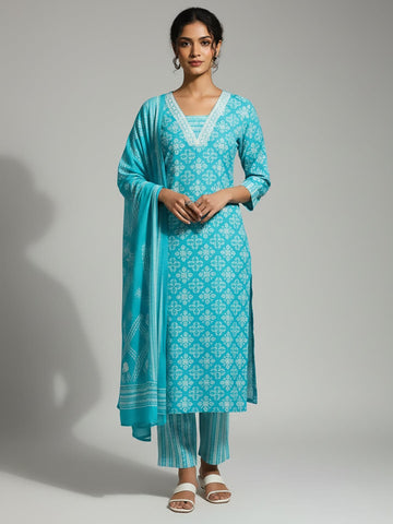 Varanga Women Floral Printed V Neck Kurta with Trouser & Dupatta