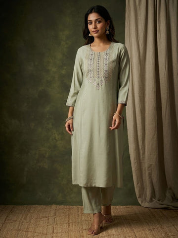 Varanga Women-Thread & Sequin Embroidered Yoke Kurta With Trouser & Scallop Dupatta
