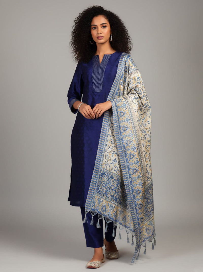 Varanga Women Navy Blue Woven Zari Embroidered Straight Kurta With Bottom And Dupatta