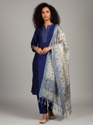 Varanga Women Navy Blue Woven Zari Embroidered Straight Kurta With Bottom And Dupatta