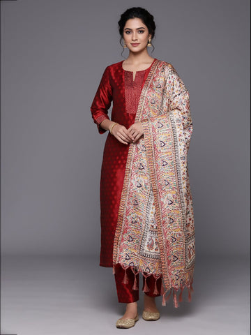 Varanga Women Maroon Woven Zari Embroidered Straight Kurta With Bottom And Dupatta