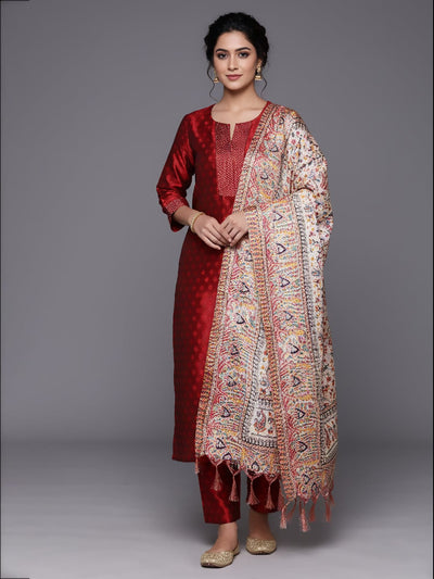 Varanga Women Maroon Woven Zari Embroidered Straight Kurta With Bottom And Dupatta