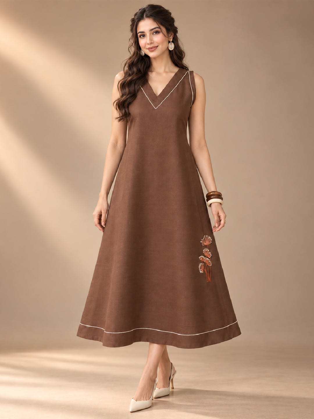 Varanga Floral Embroidered A-Line Midi Women Dress