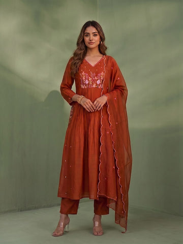 Rust Embroidered Ethnic Suit Set