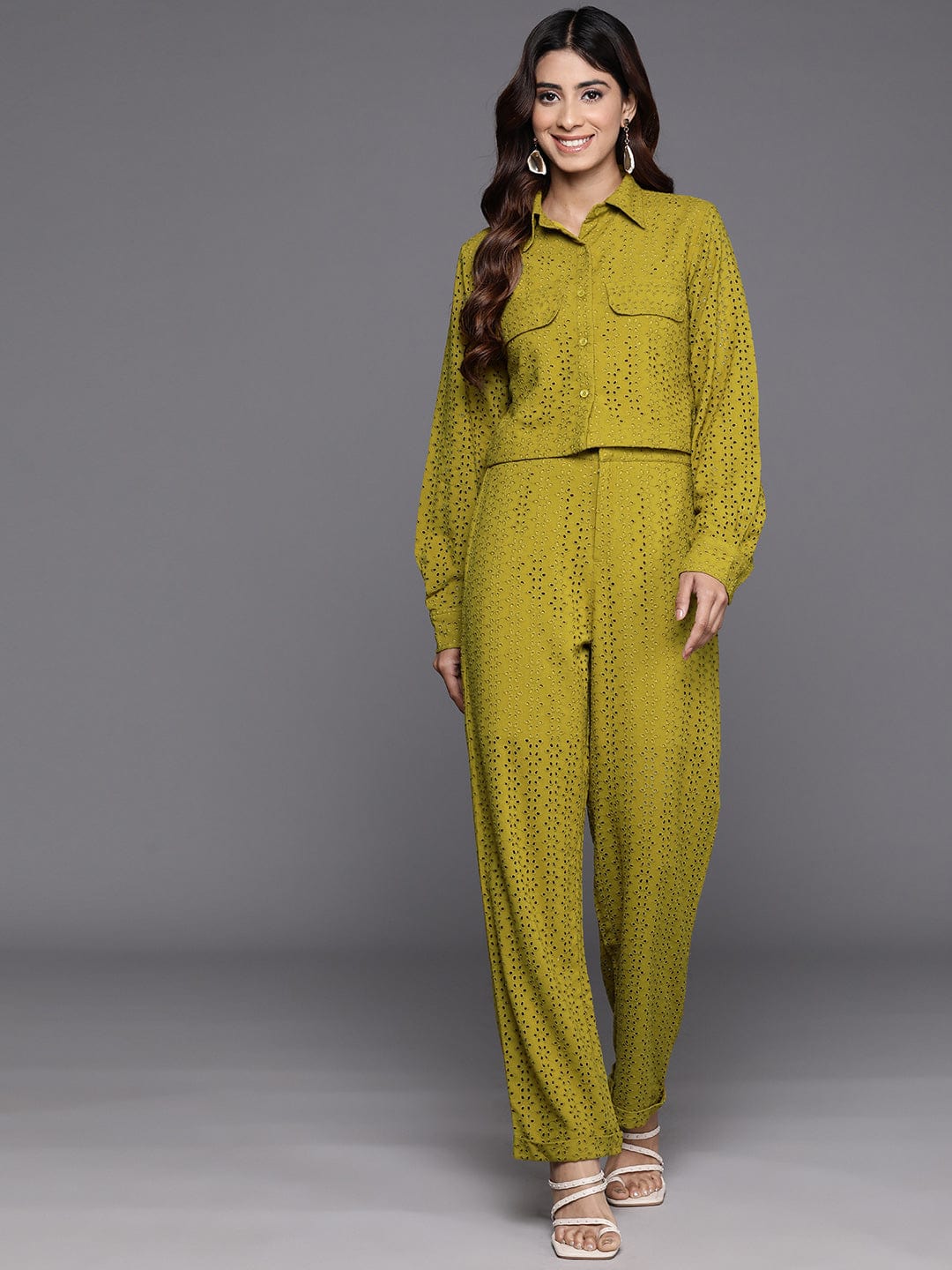 KSUT Women Olive Green Schiffli Co Ord Set
