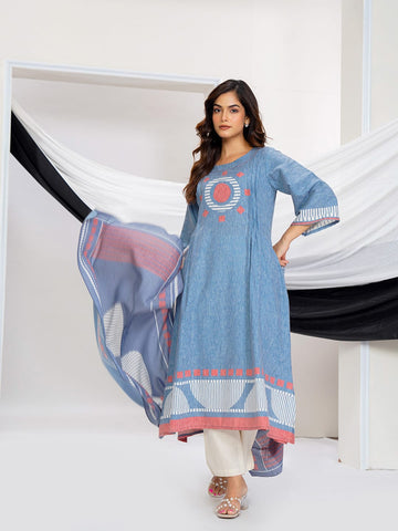 Modern Geometric-Border Kurta with Linear Striped Dupatta