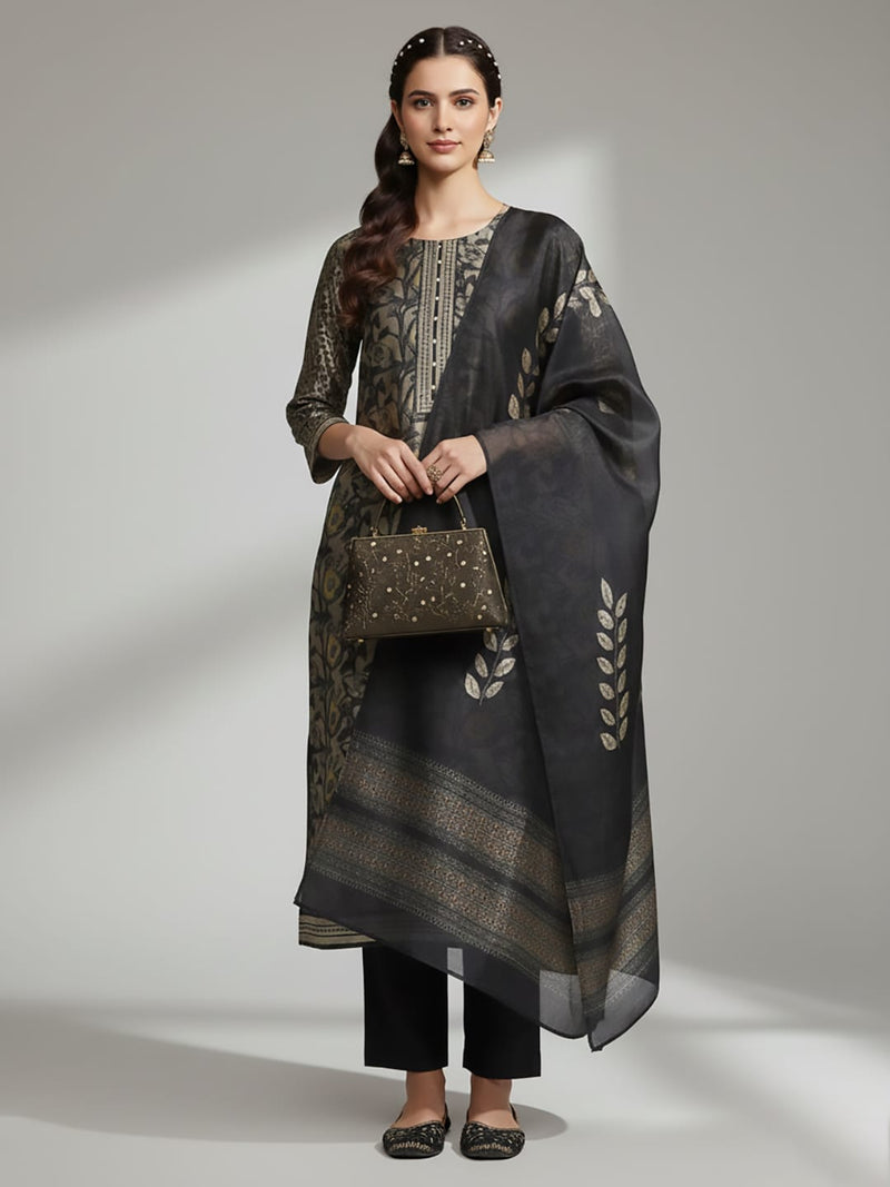 Varanga Women Grey Floral Printed Round Neck Straight Kurta Paired With Bottom And Printed Dupatta.