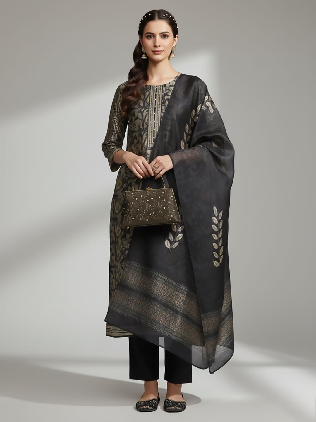 Varanga Women Grey Floral Printed Round Neck Straight Kurta Paired With Bottom And Printed Dupatta.