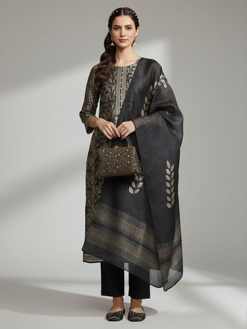 Varanga Women Grey Floral Printed Round Neck Straight Kurta Paired With Bottom And Printed Dupatta.
