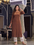 Women's Brown Yoke Embroidered Straight Kurta