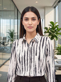 Cream Coloured Slim Collar Long Sleeves Abstract Shirt