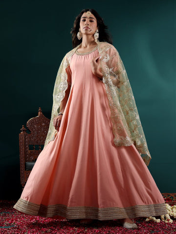 Varanga Women Peach Round Neck Gotta Embellished Anarkali Kurta With Embroidered Dupatta