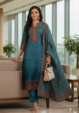 Varanga Women Patola Printed, Teal & Beige Mandrin Collar ,Straight Kurta With Solid Bottom And Printed Dupatta