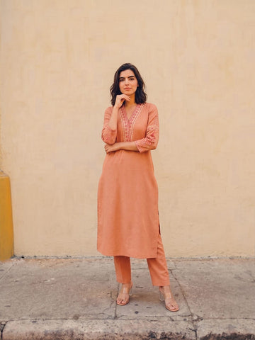 Elegant Embroidered Rust Kurta Designed For Effortless Everyday Sophistication.