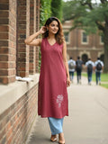 Varanga Sleeveless Solid Kurta with V-Neck and Subtle Floral Embroidery