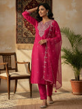 Fuchsia Straight-Fit Kurta Set With Intricate Zari Embroidery, Paired With Solid Ankle-Length Trousers And An Embroidered Dupatta For A Graceful Festive Look.