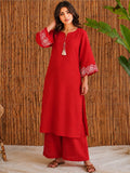 Women Red Embroidered Solid Straight Kurta With Trousers