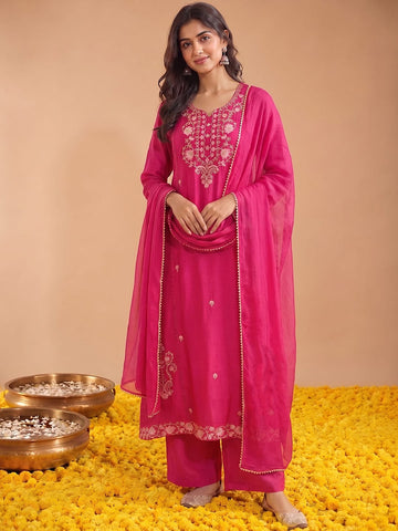 Women'S Pink Mul Chanderi Kurta Set With Chiffon Dupatta