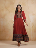 Varanga Traditional Mandarin Collar Long Flare Kurti in Red