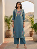 Women Floral Embroidered Blue A-Line Kurta Set