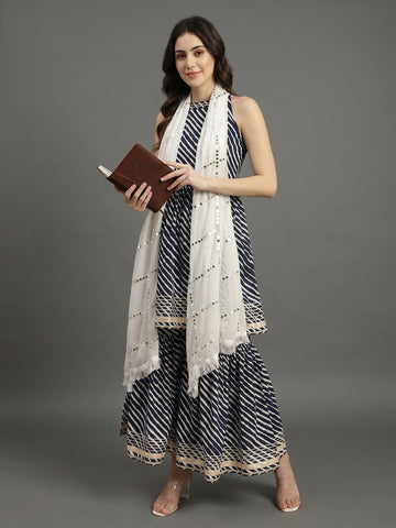 Blue And White Leheriya Halter Neckline Gota Work Kurta With Sharara And Sequins Emebllished Dupatta