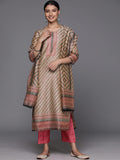 Varanga Women Beige And Pink Lehariya Printed Straight Kurta Paired With Contrast Bottom And Printed Dupatta