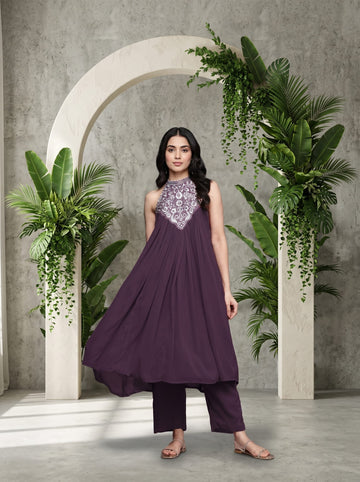 Varanga Women Purple Embroidered Sleeveless Flared Kurta Paired With Tonal Bottom