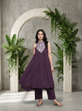 Varanga Women Purple Embroidered Sleeveless Flared Kurta Paired With Tonal Bottom